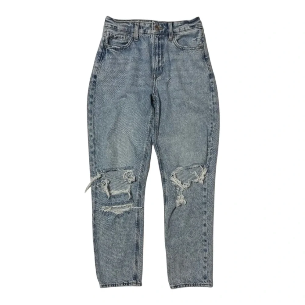 American Eagle Mom Straight Jeans Womens 2 Light Wash Distressed High Rise Denim